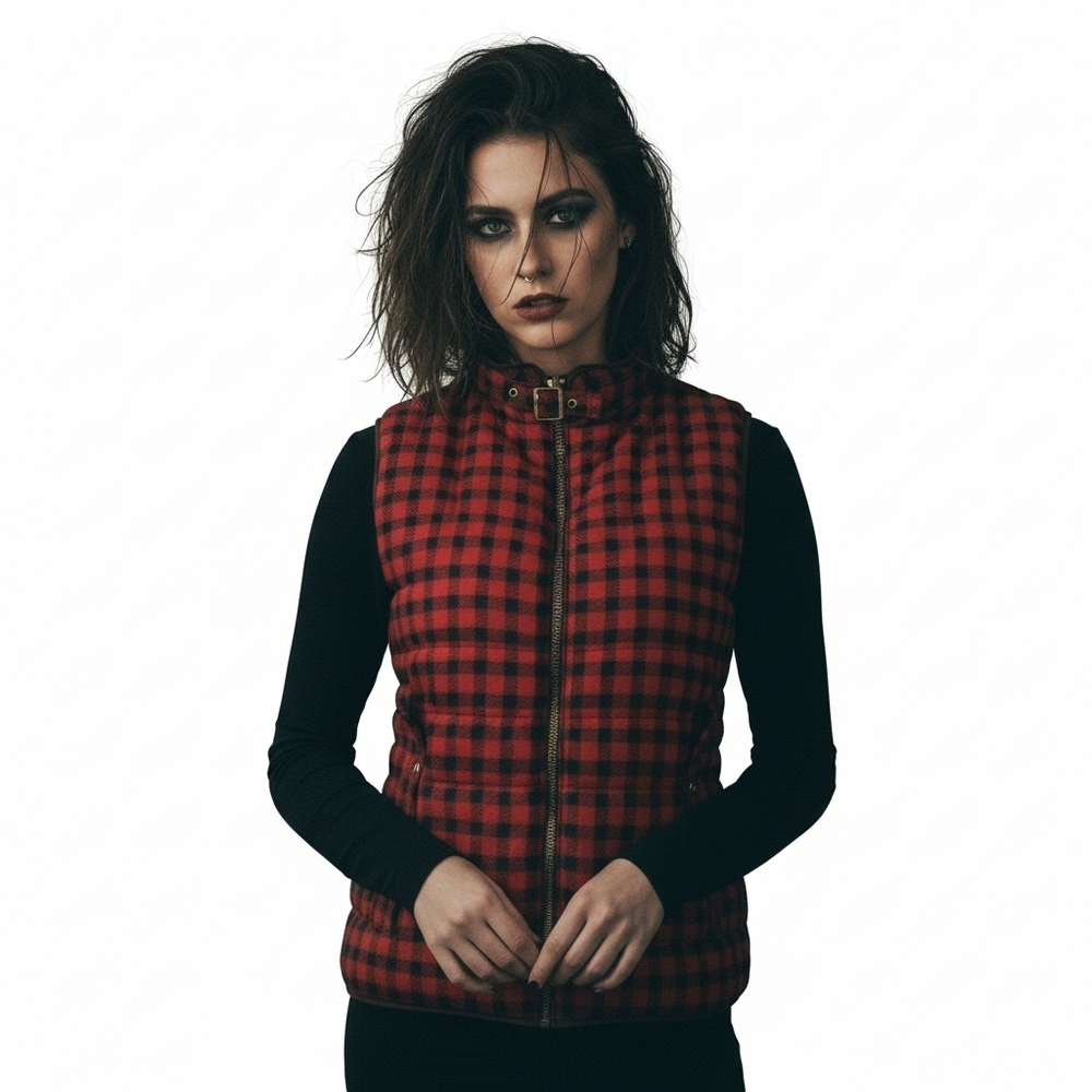 Chocolate Plaid Puffer Vest Small Red Black Goth